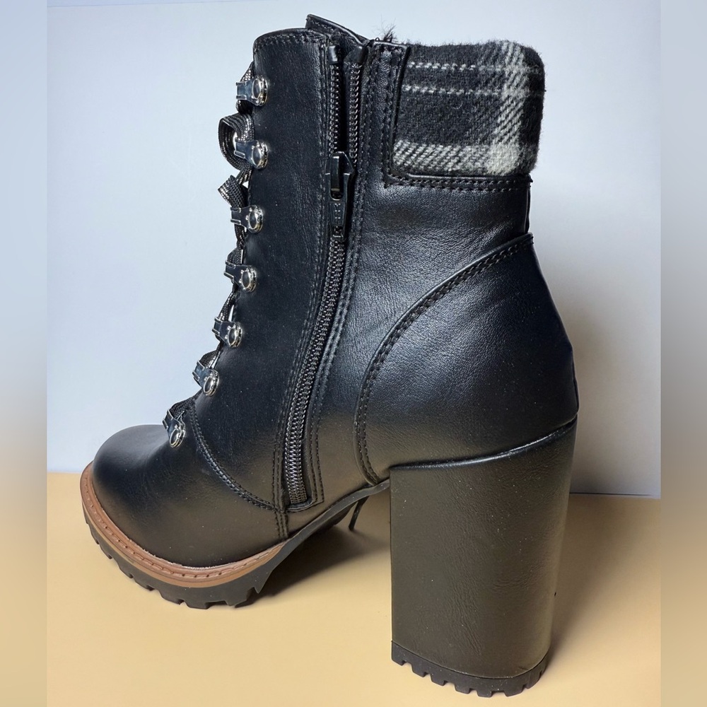 Sun + Stone Black Faux Leather Lace-Up Ankle Combat Boots with Plaid Cuff - Picture 3 of 7
